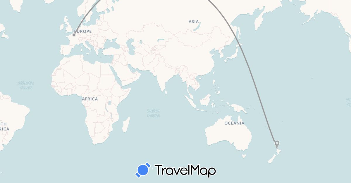 TravelMap itinerary: plane in France, New Zealand (Europe, Oceania)